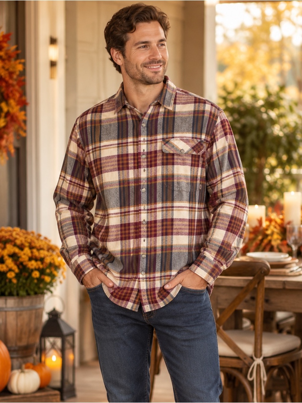 Legendary Whitetails Plaid Flannel Shirt in Cream, Burgundy, Navy